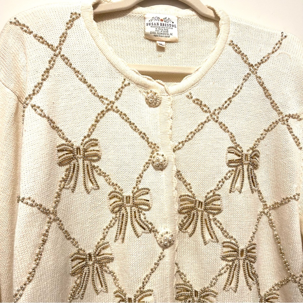 VTG Susan Bristol 1993 Ivory Beaded Bows Pearl/Gold Cardigan Xl